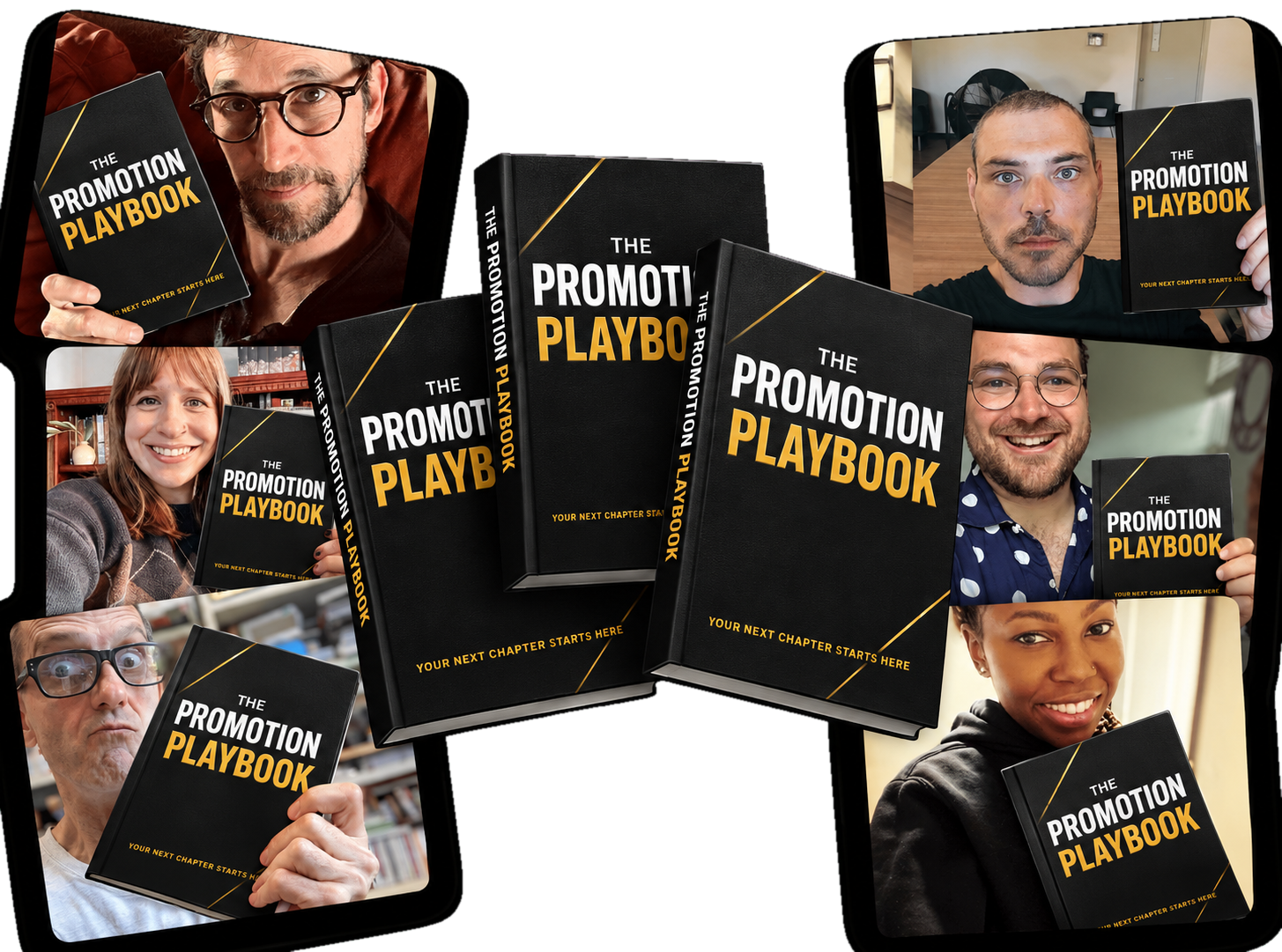 The Promotion Playbook with corporate professionals holding copies of the book